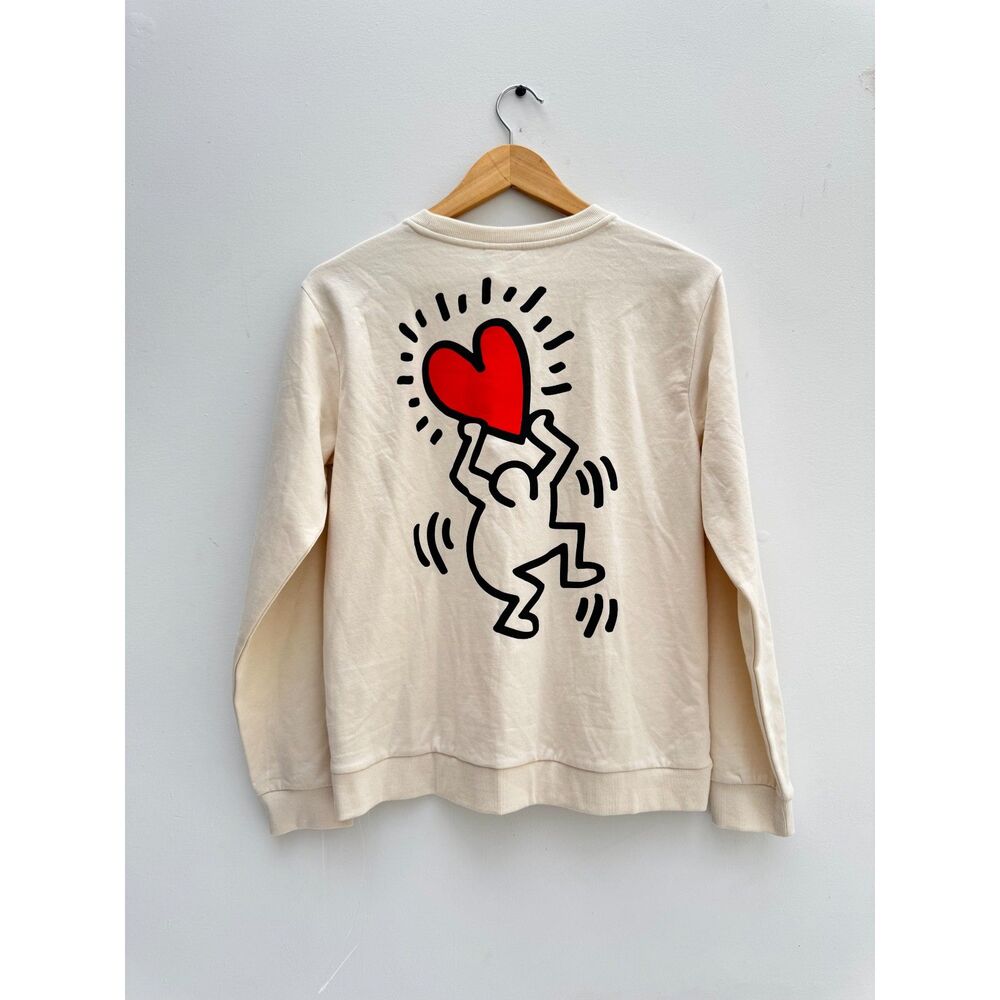 NWT Keith Haring LOVE Heart Dancer Graphic Sweatshirt Tan Cream Crewneck S